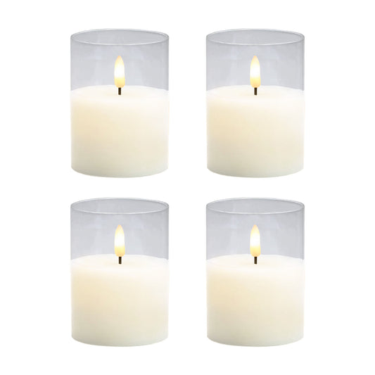 Battery Operated 3D Wick Flame LED Candles in Clear Holders, Soft White - Set of 4