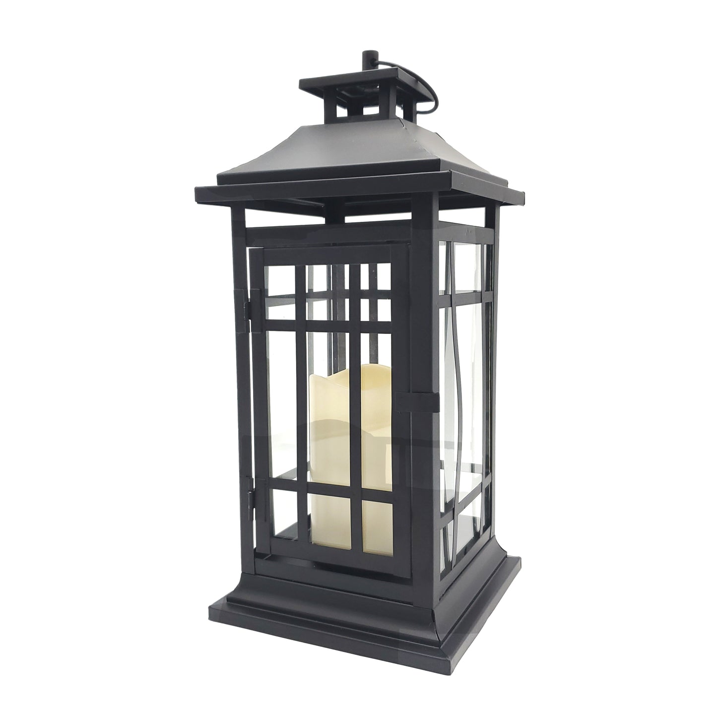 Battery-Operated Metal Lantern with LED Candle - 14" Black Window