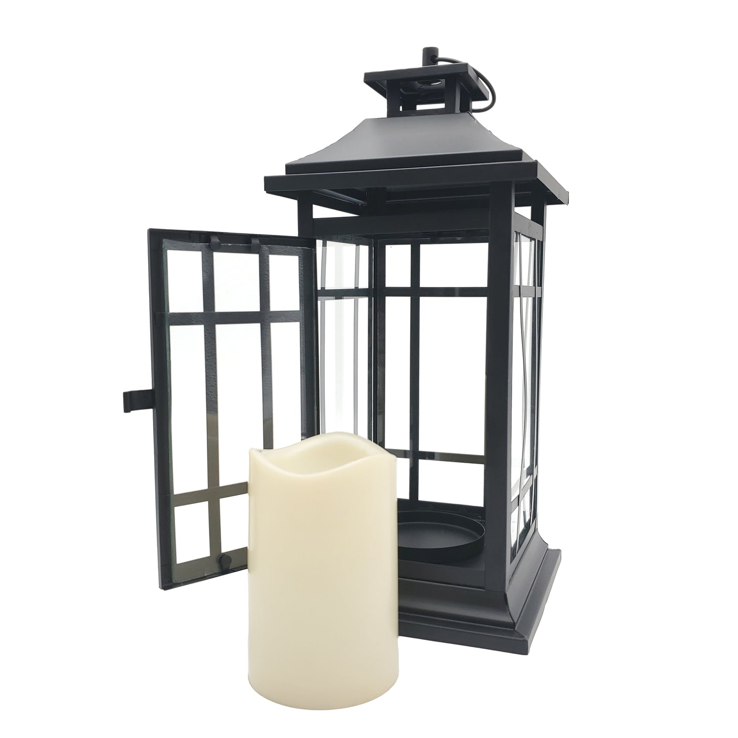 Battery-Operated Metal Lantern with LED Candle - 14" Black Window