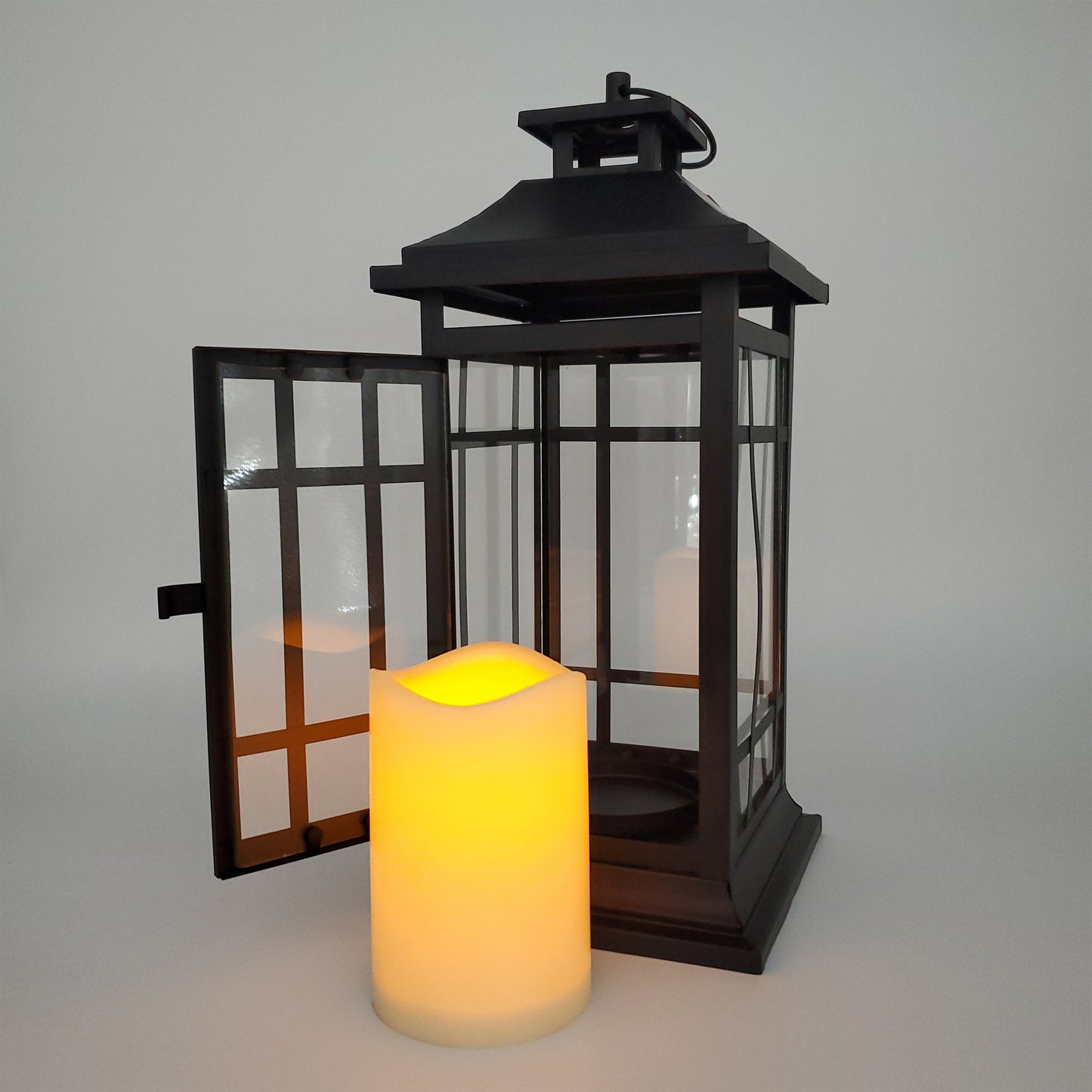 Battery-Operated Metal Lantern with LED Candle - 14" Black Window