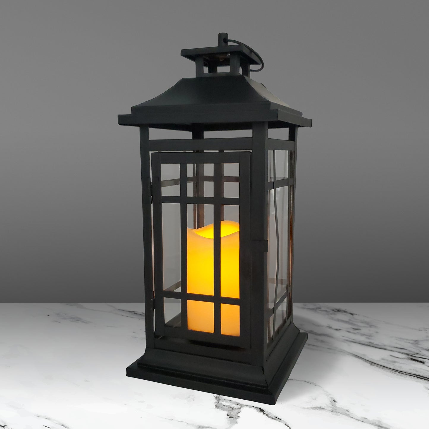 Battery-Operated Metal Lantern with LED Candle - 14" Black Window