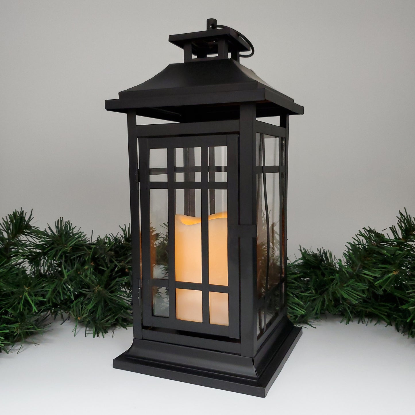 Battery-Operated Metal Lantern with LED Candle - 14" Black Window