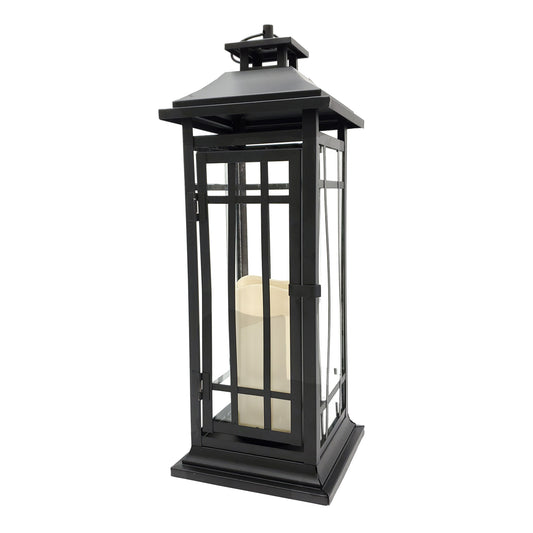 Battery-Operated Metal Lantern with LED Candle - 17" Black Window