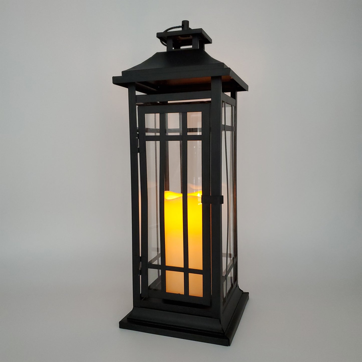 Battery-Operated Metal Lantern with LED Candle - 17" Black Window