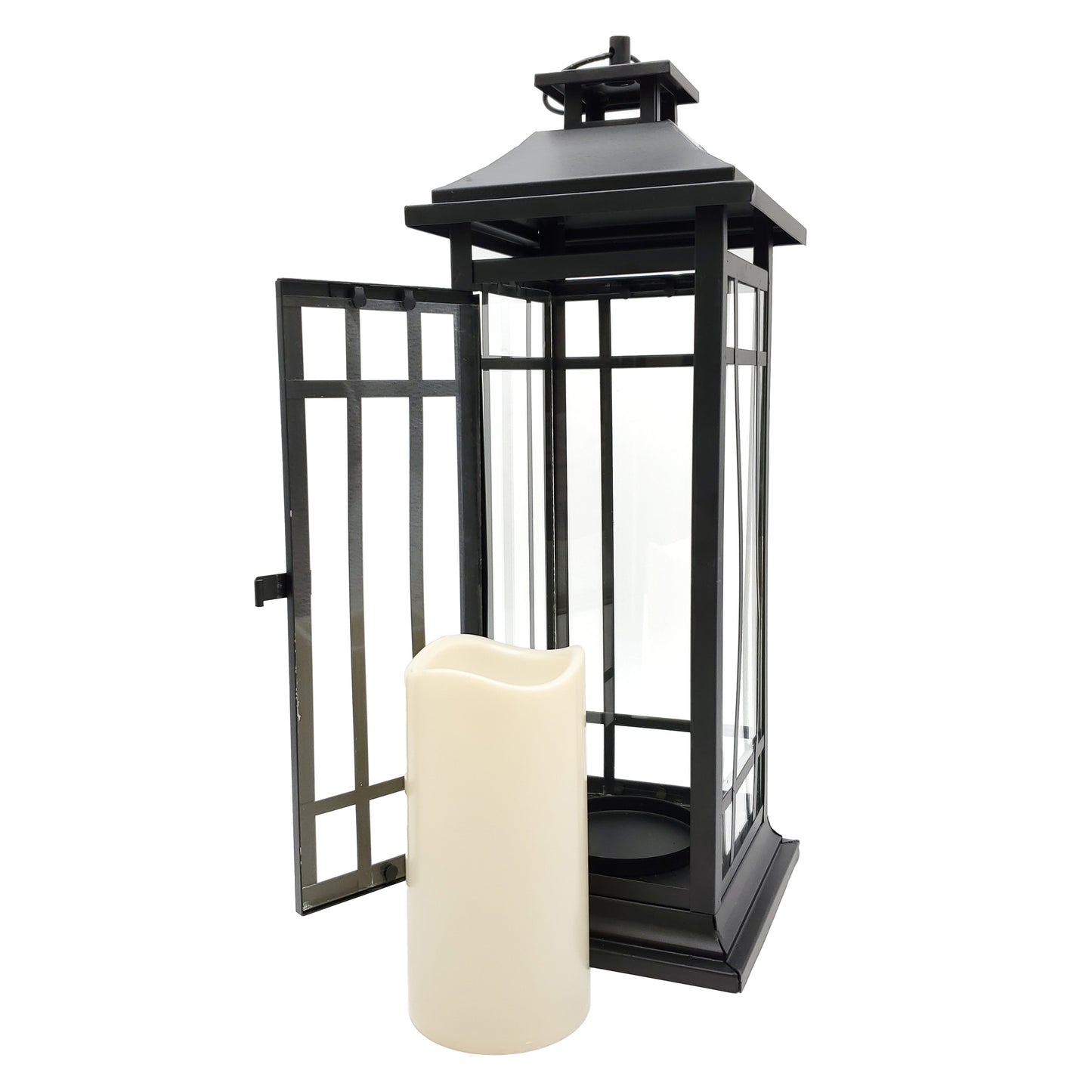 Battery-Operated Metal Lantern with LED Candle - 17" Black Window