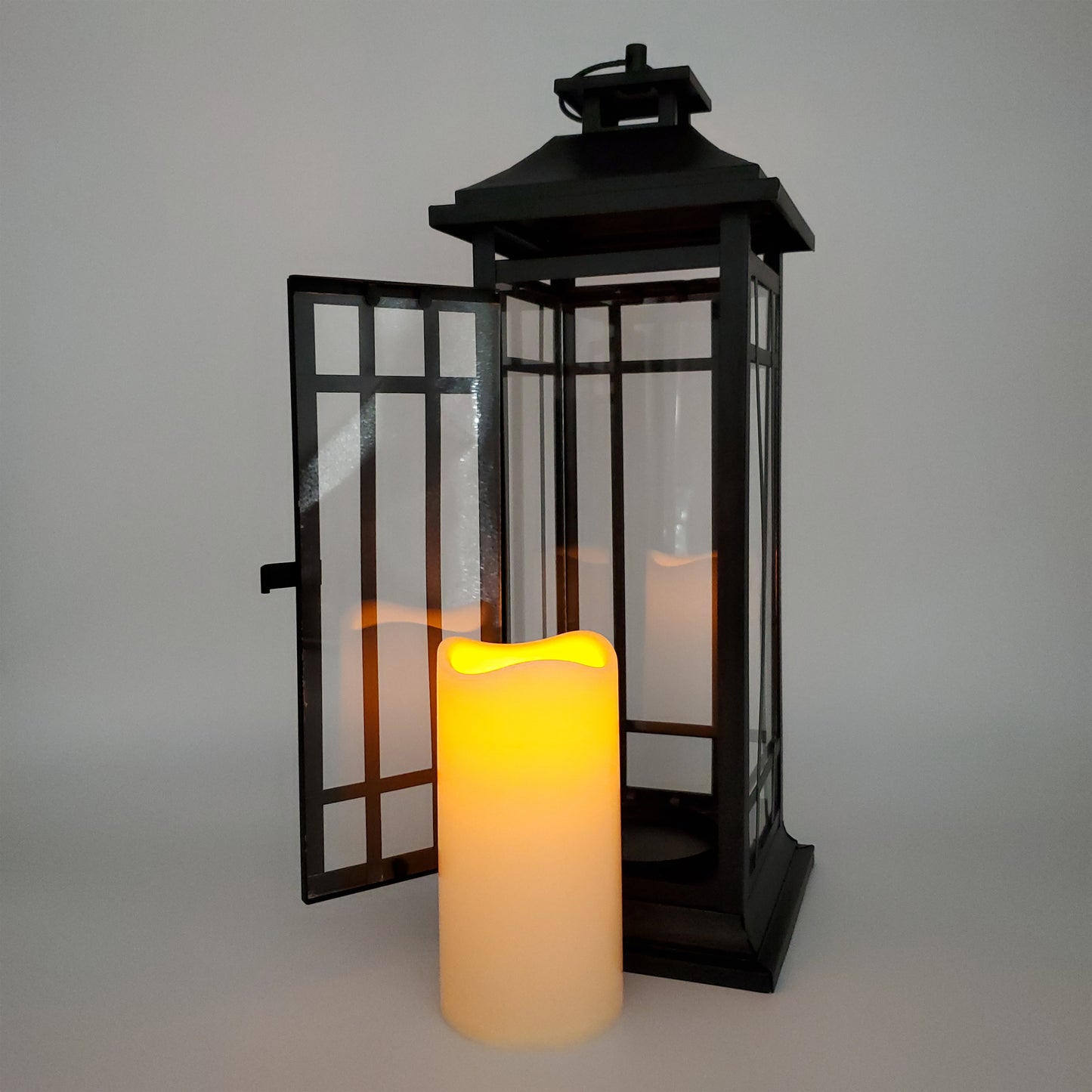 Battery-Operated Metal Lantern with LED Candle - 17" Black Window