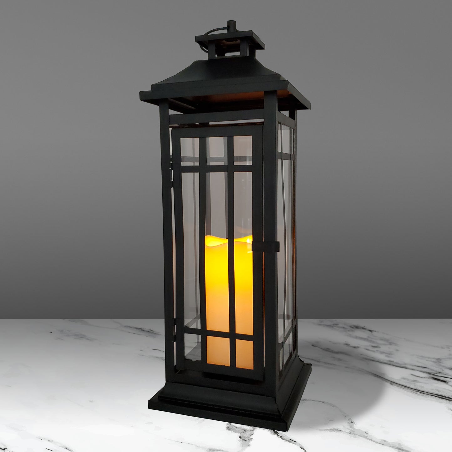 Battery-Operated Metal Lantern with LED Candle - 17" Black Window