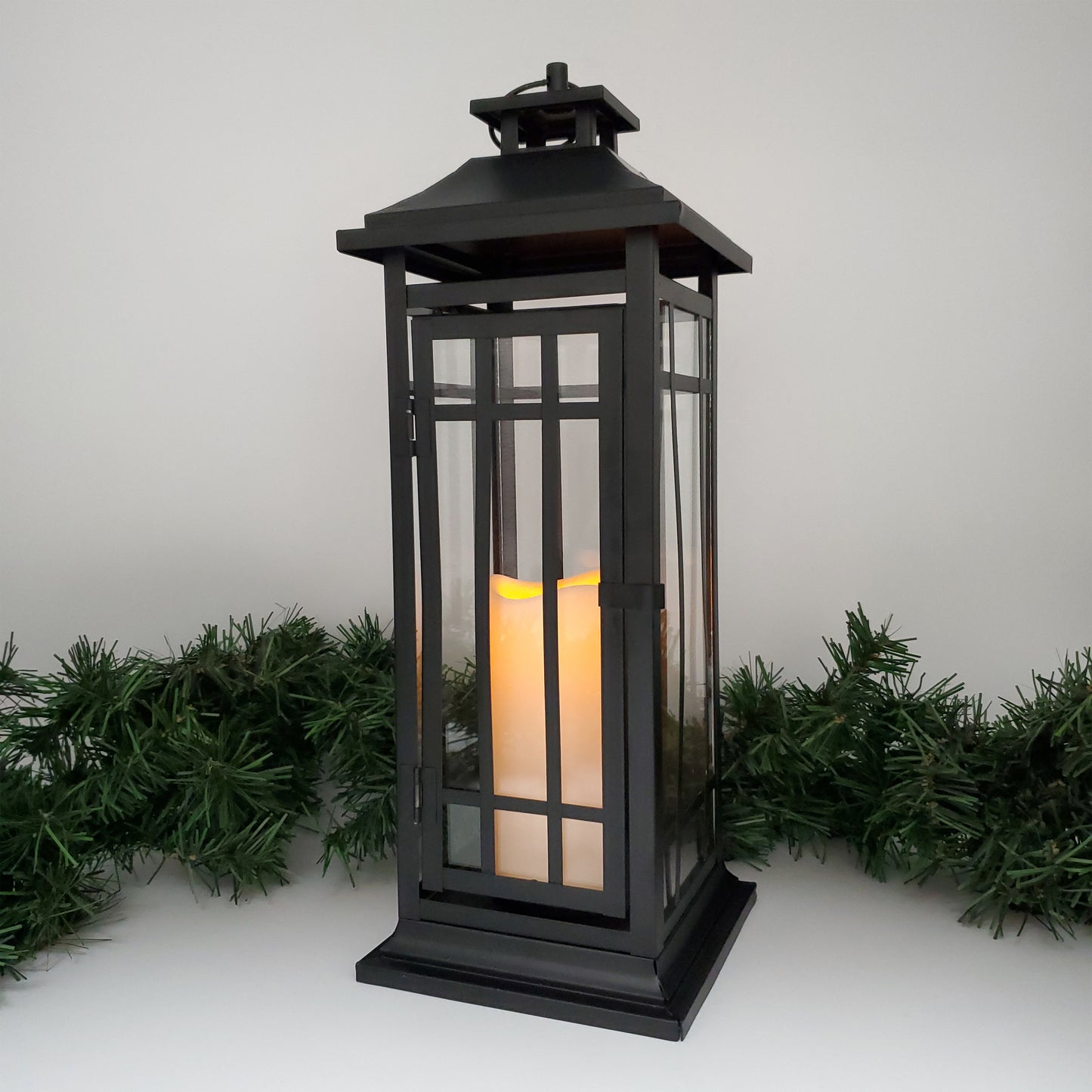 Battery-Operated Metal Lantern with LED Candle - 17" Black Window