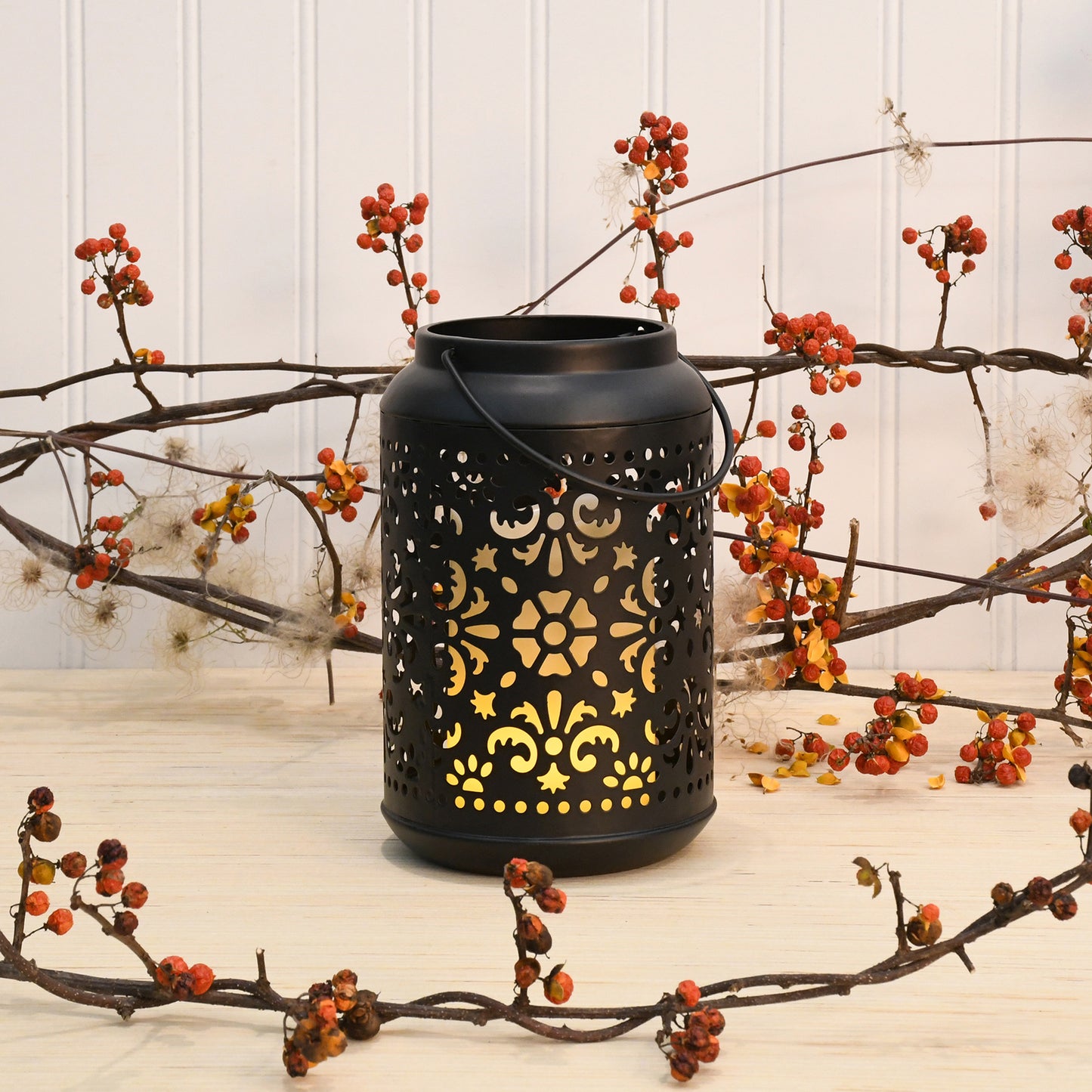 Flame Effect Battery-Operated Black Metal Lantern