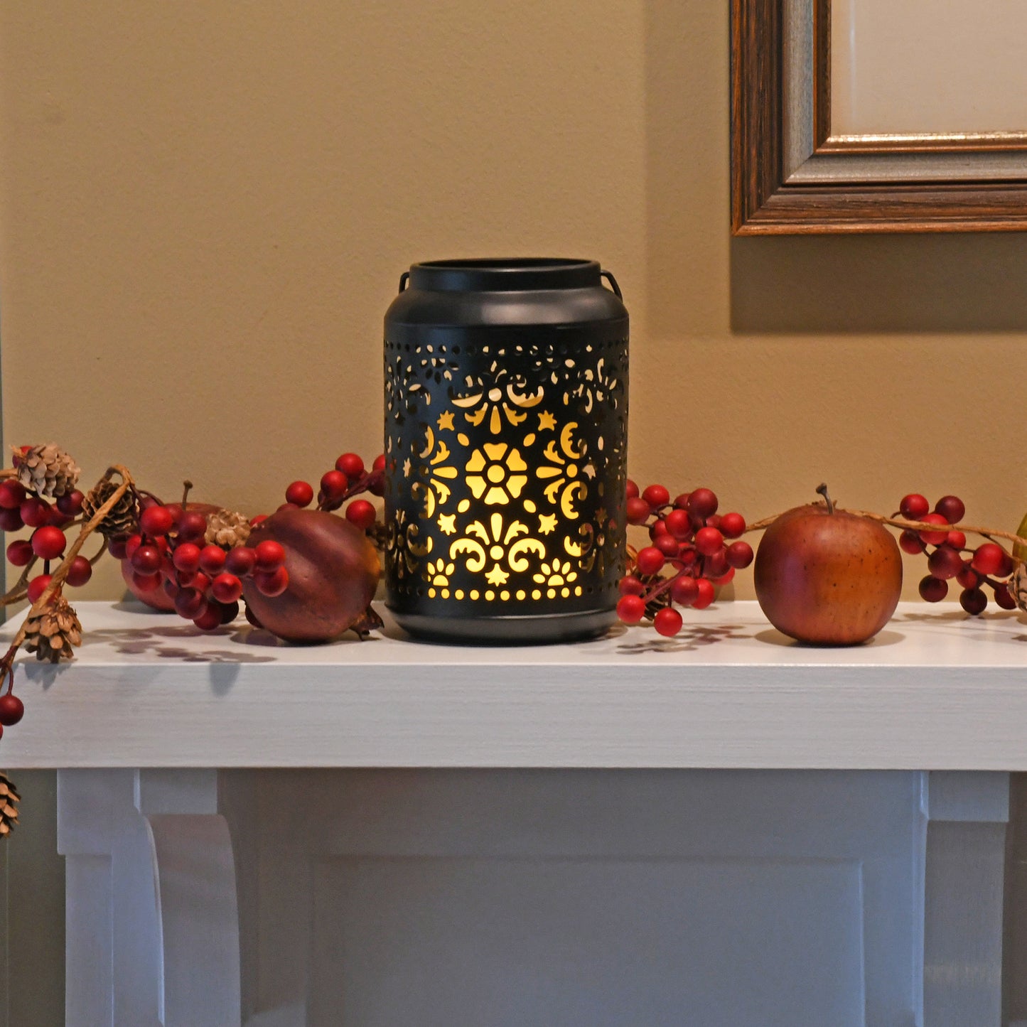 Flame Effect Battery-Operated Black Metal Lantern