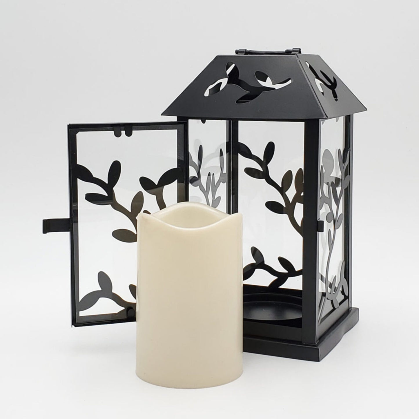 Metal Lantern with Battery-Operated Candle - Black Vine