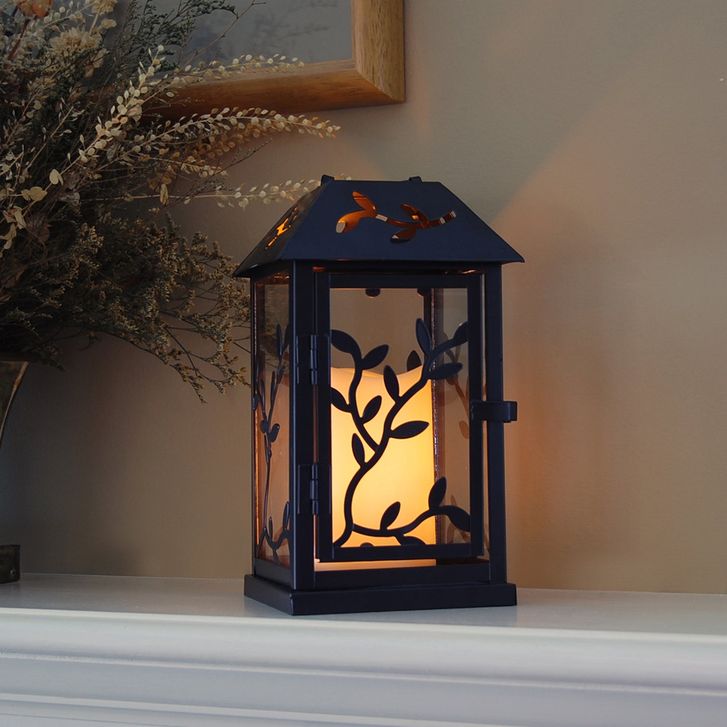 Metal Lantern with Battery-Operated Candle - Black Vine