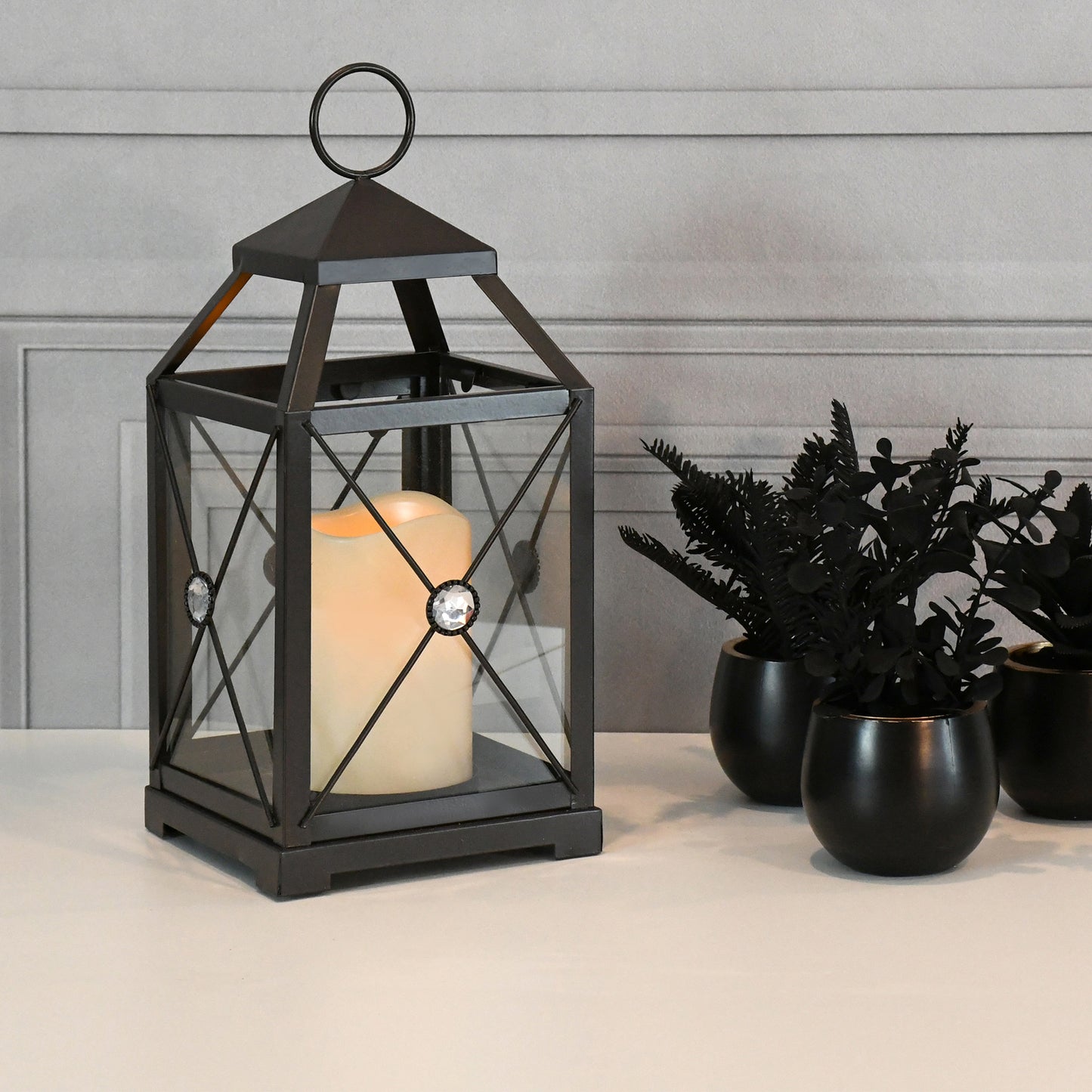 Metal Lantern with Battery-Operated Candle - Black Gem