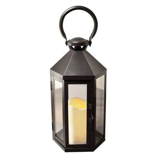 Metal Lantern with Battery-Operated Candle - Black Hexagon