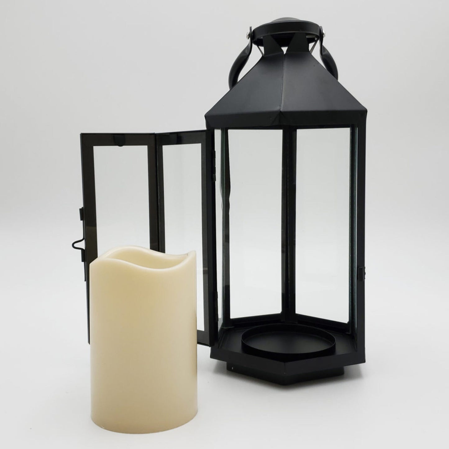 Metal Lantern with Battery-Operated Candle - Black Hexagon