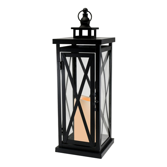 Metal Lantern with Battery Operated Candle - Black Crisscross