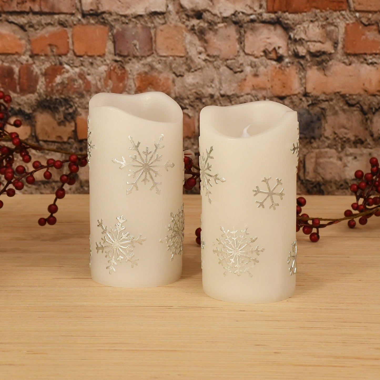 Battery Operated Wax LED Candles, Snowflake - Set of 2