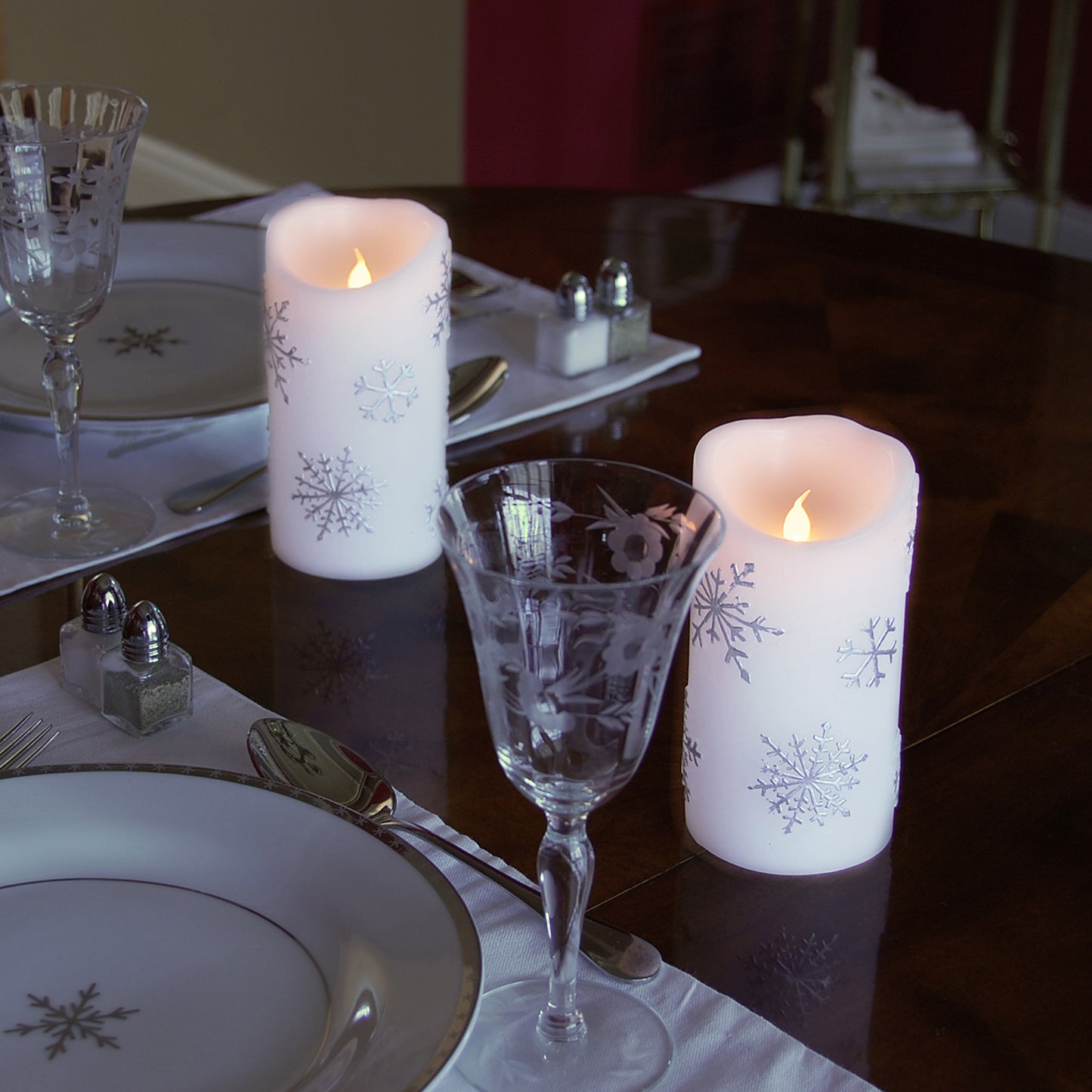 Battery Operated Wax LED Candles, Snowflake - Set of 2