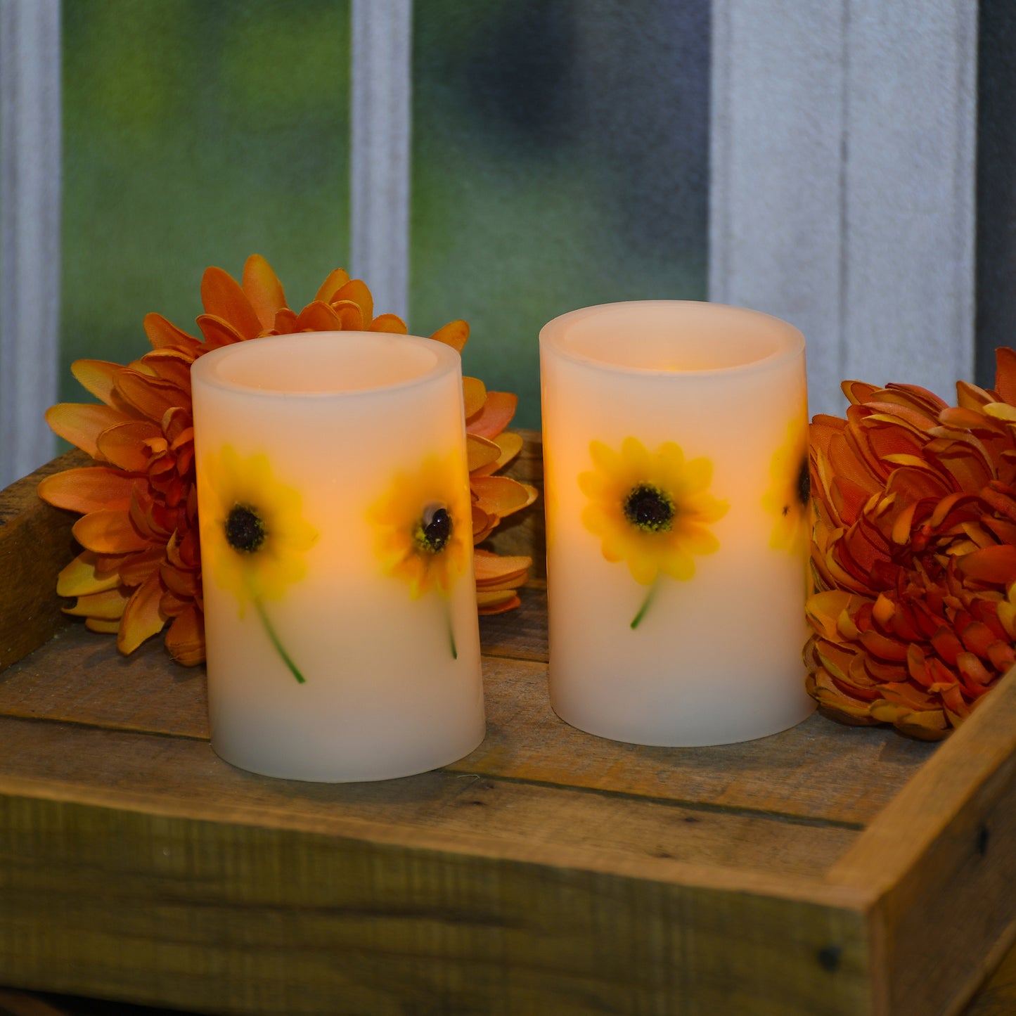 Battery Operated Wax LED Candles, Dried Flowers - Set of 2