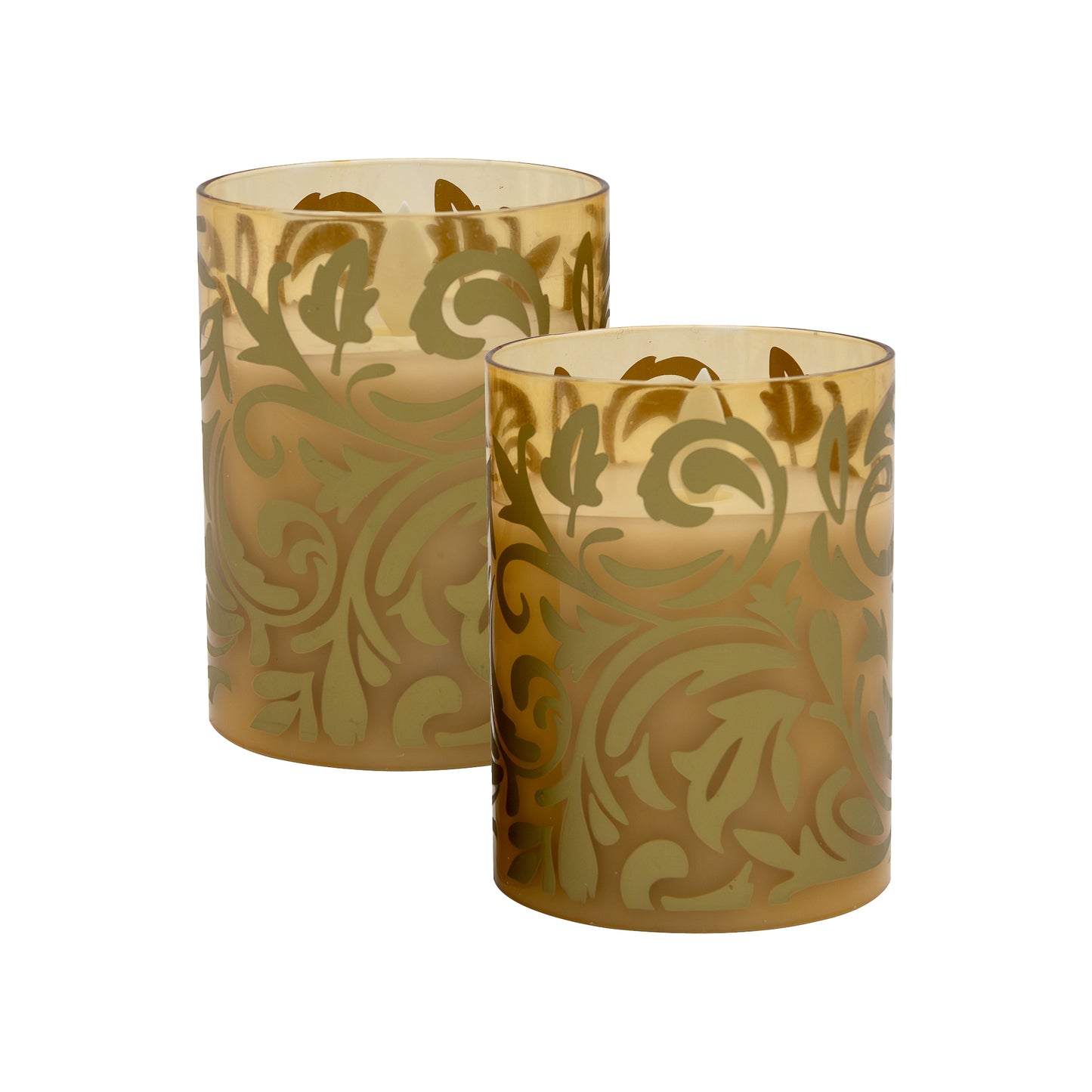 Battery Operated Glass LED Candles, Gold Jacquard - Set of 2