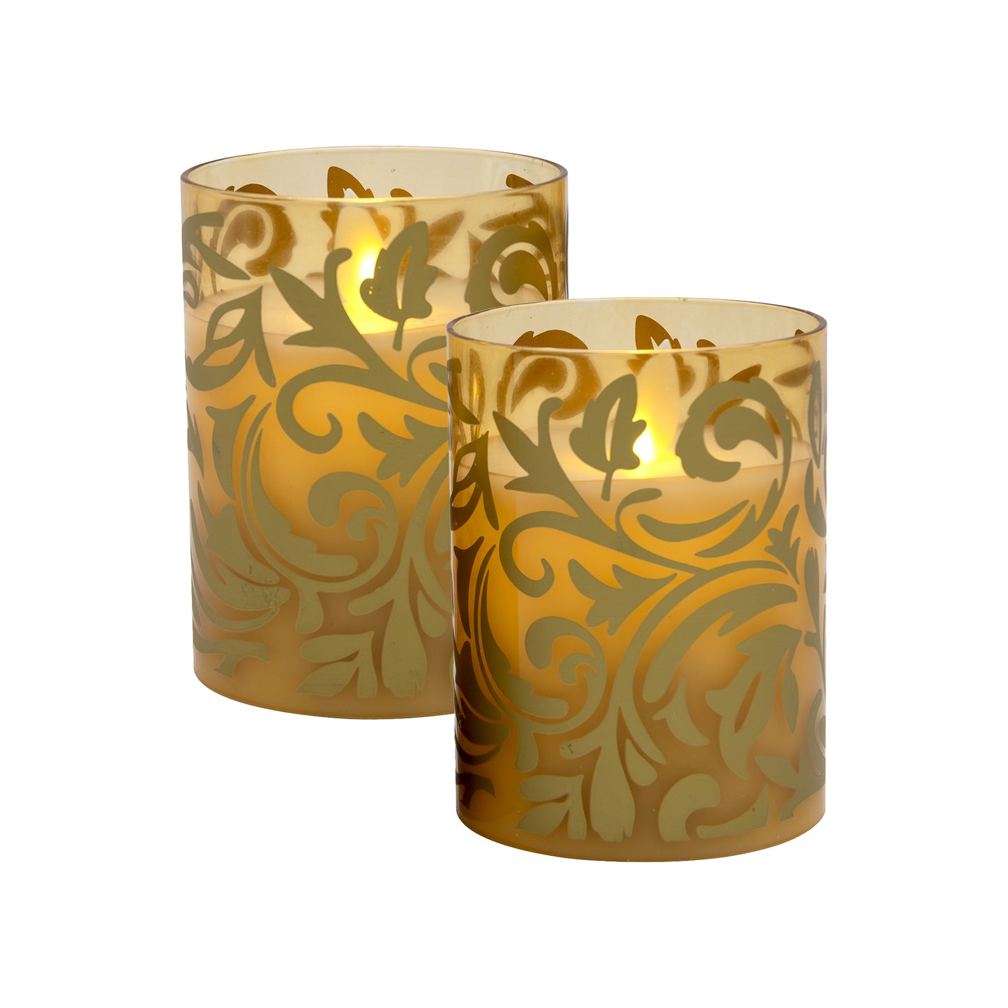 Battery Operated Glass LED Candles, Gold Jacquard - Set of 2