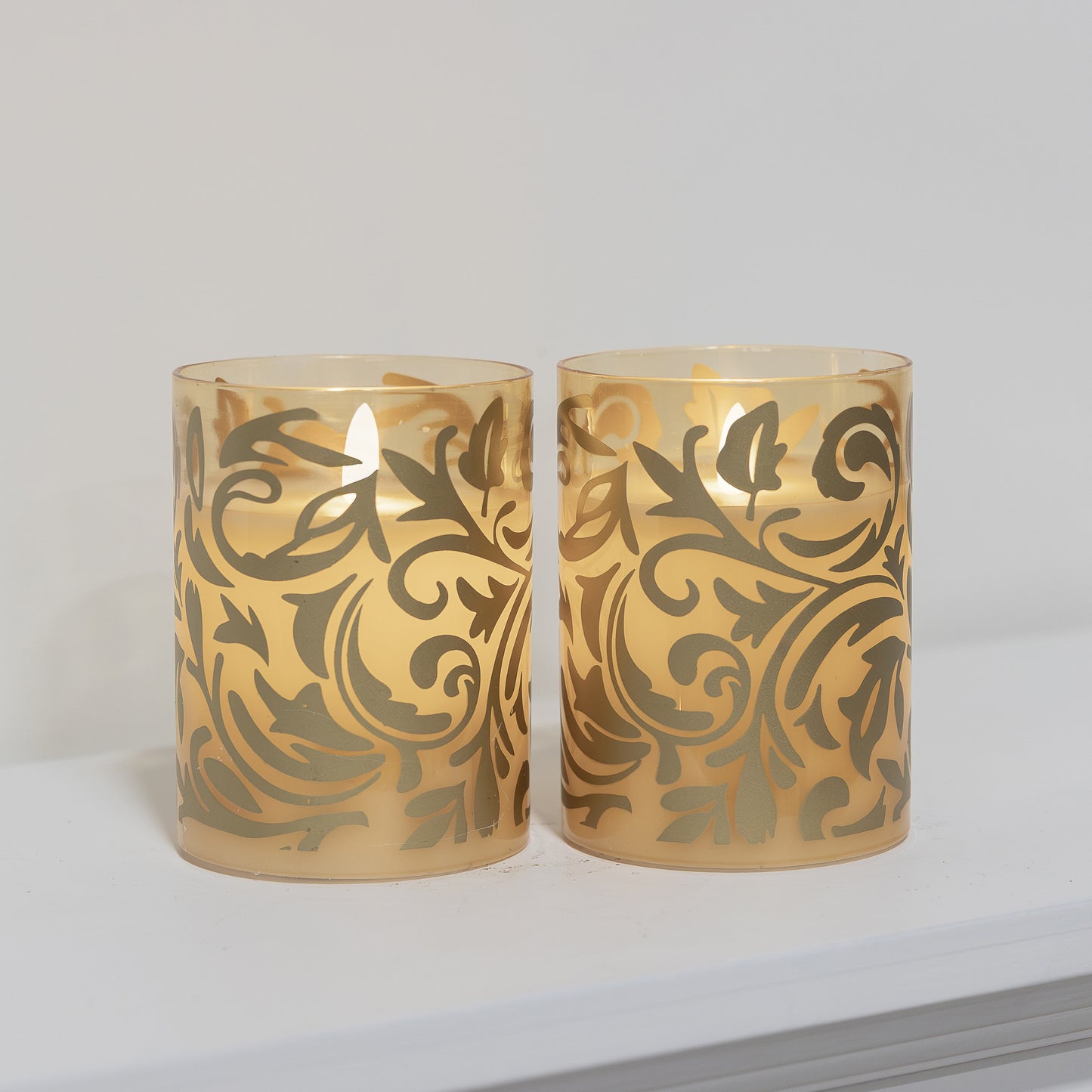 Battery Operated Glass LED Candles, Gold Jacquard - Set of 2