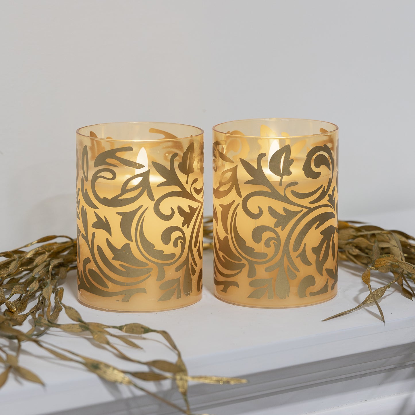 Battery Operated Glass LED Candles, Gold Jacquard - Set of 2