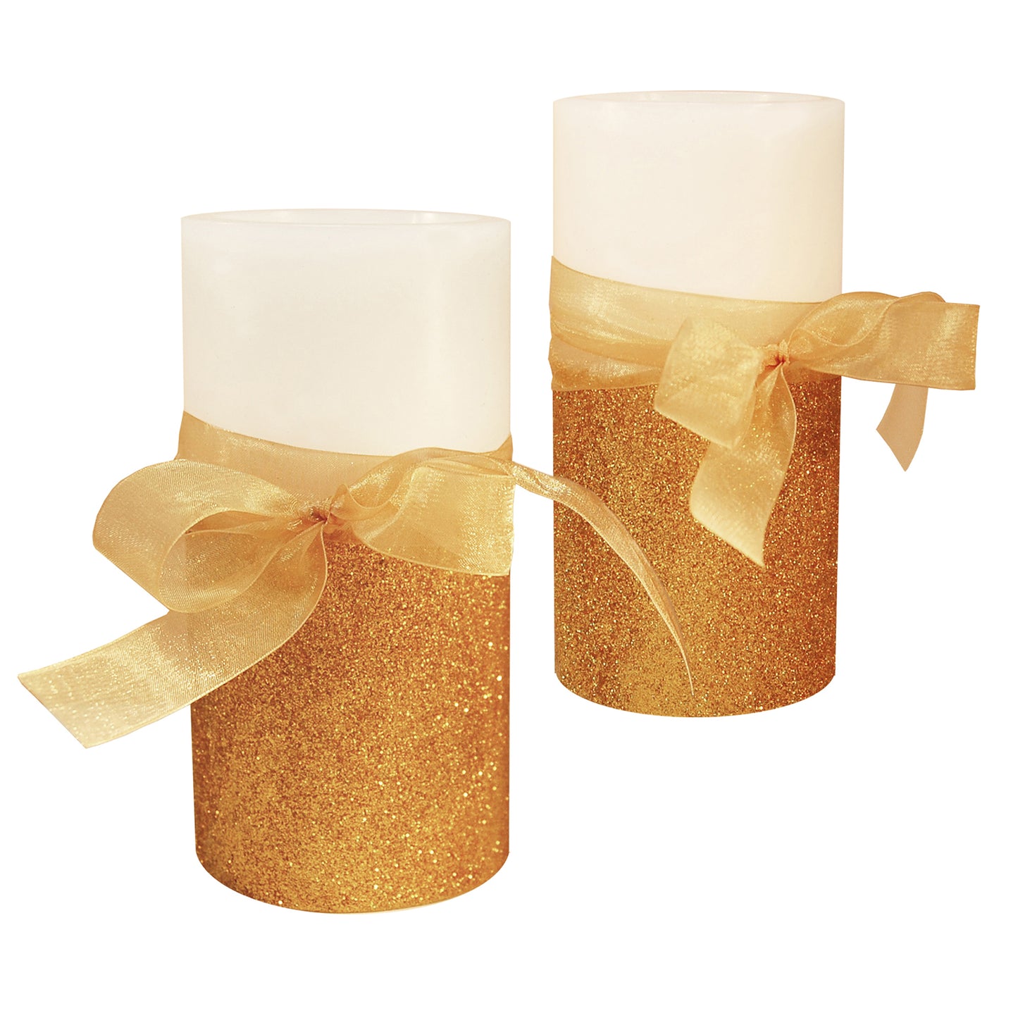 Battery Operated Wax LED Candles, Gold Bow - Set of 2