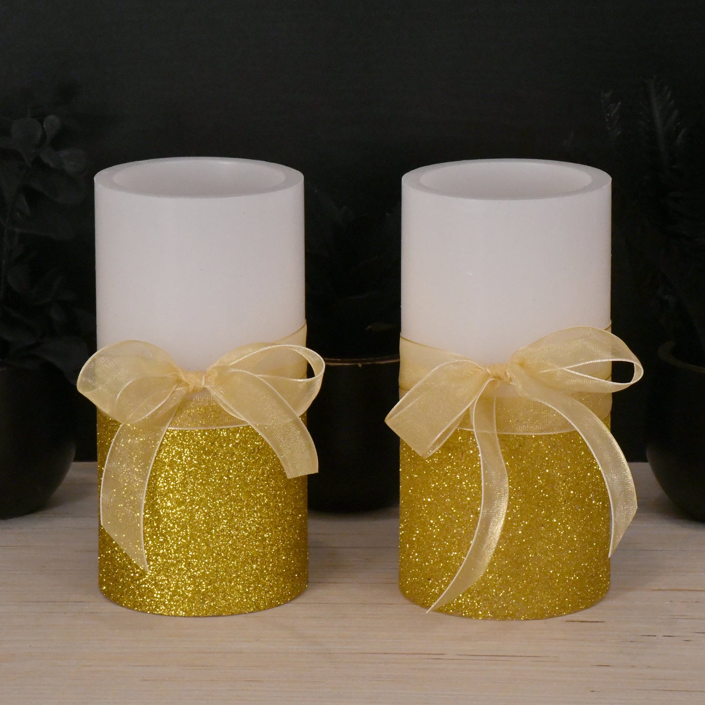 Battery Operated Wax LED Candles, Gold Bow - Set of 2