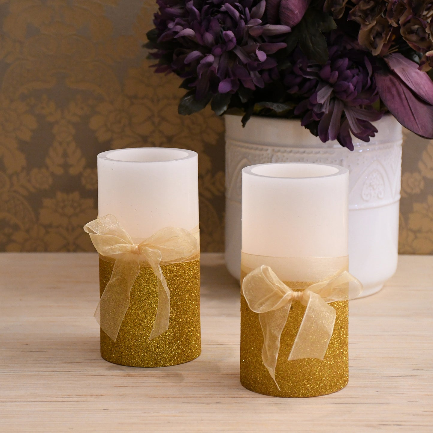 Battery Operated Wax LED Candles, Gold Bow - Set of 2