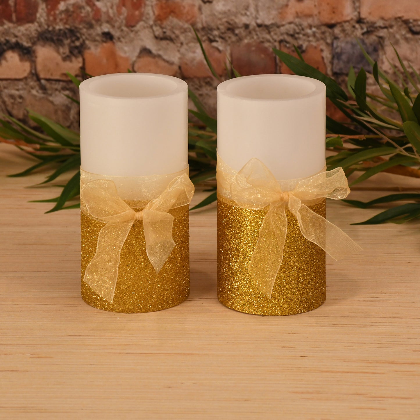 Battery Operated Wax LED Candles, Gold Bow - Set of 2