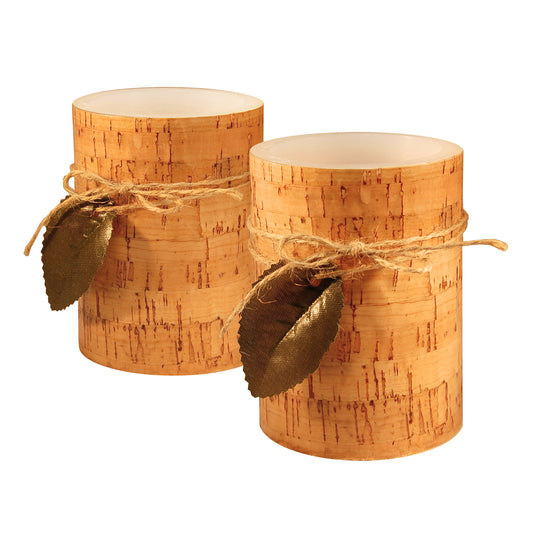 Battery Operated Wax LED Candles, Cork with Leaf - Set of 2