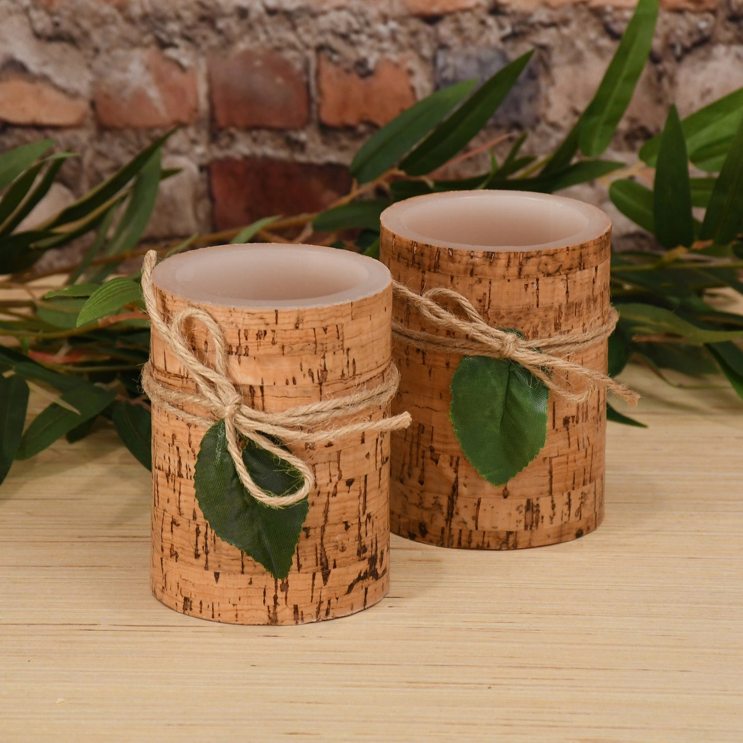 Battery Operated Wax LED Candles, Cork with Leaf - Set of 2