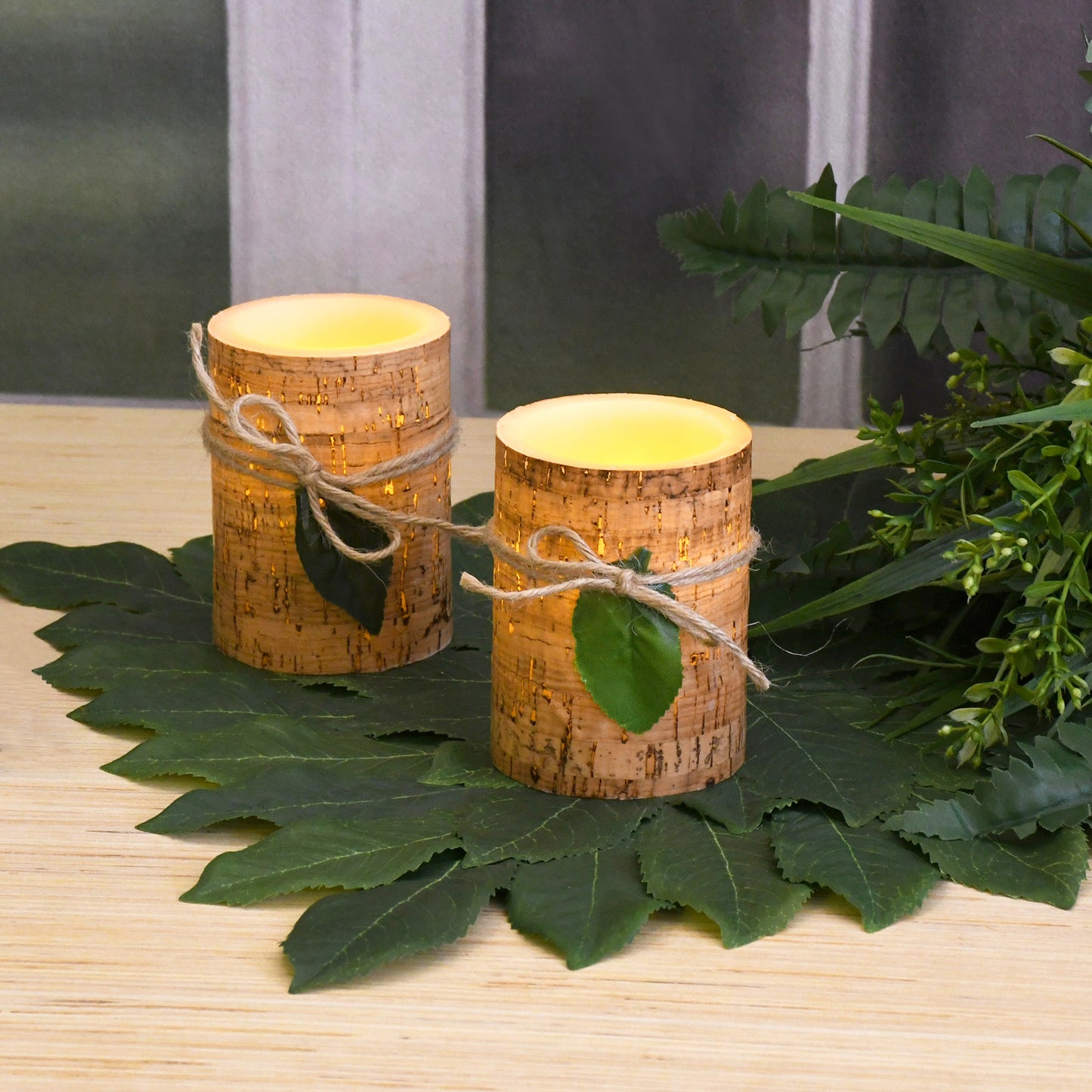 Battery Operated Wax LED Candles, Cork with Leaf - Set of 2
