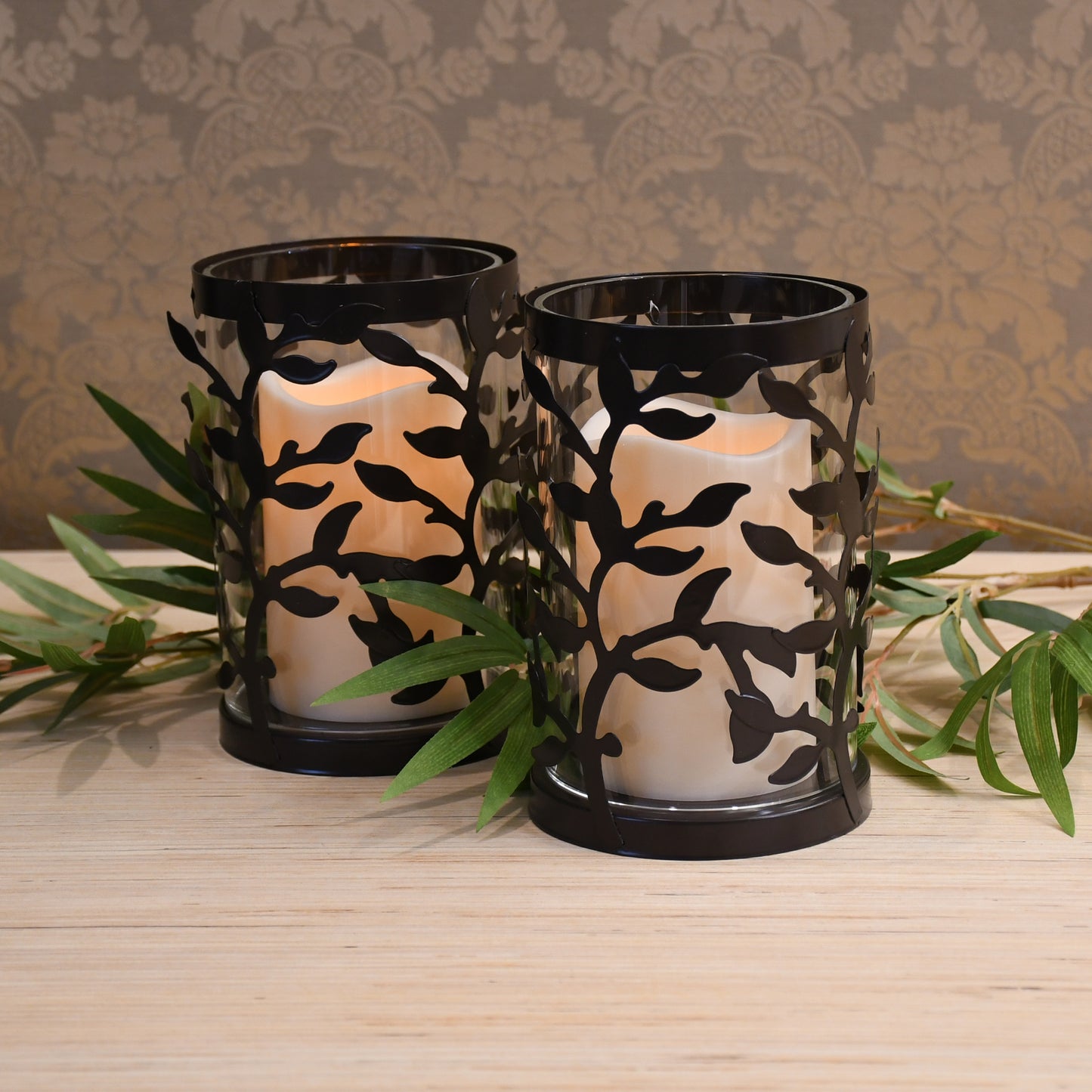 Black Vine Hurricanes with LED Candles - Set of 2