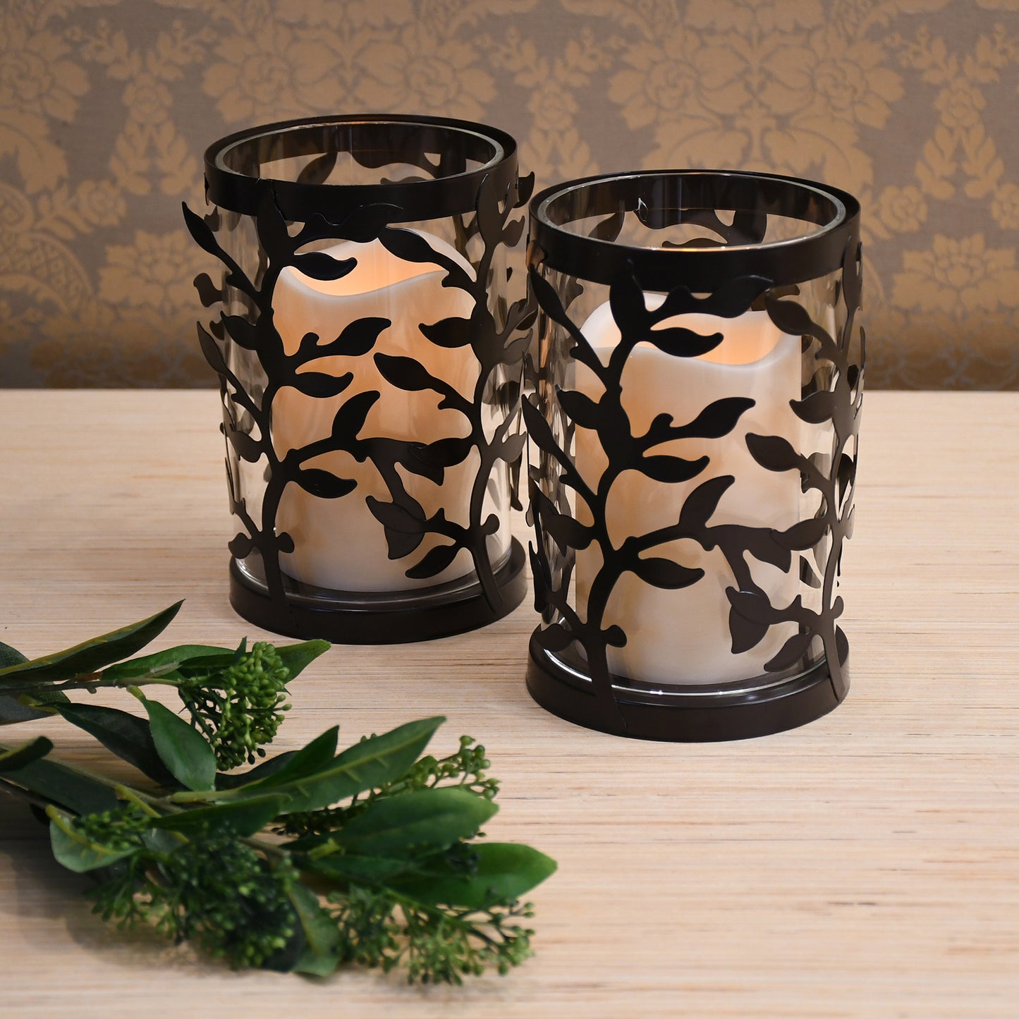 Black Vine Hurricanes with LED Candles - Set of 2