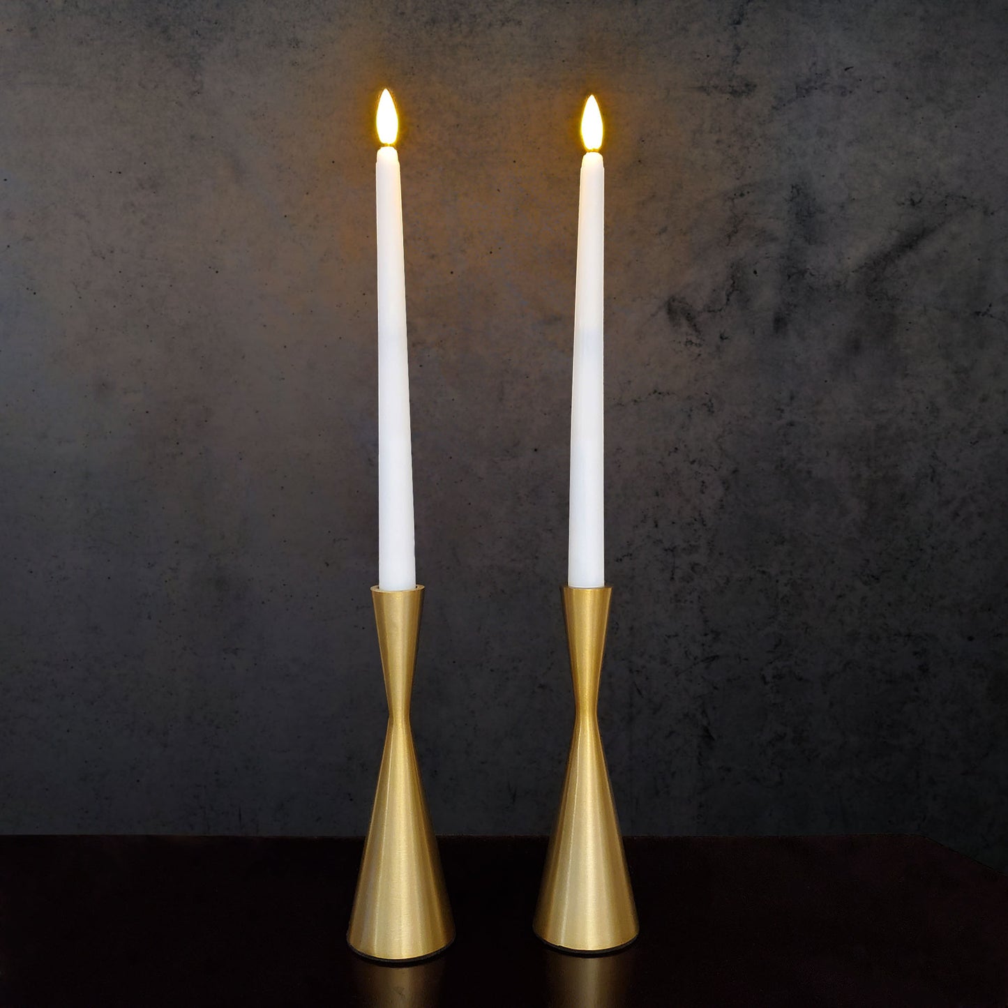 Battery Operated 3D Wick Taper Candles with Metal Holders - Set of 2