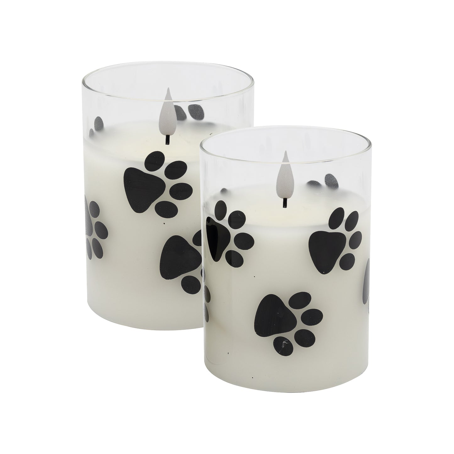 Battery Operated Glass LED Candles with Bullet Flame, Paw Print - Set of 2