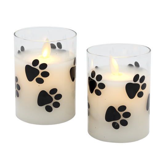 Battery Operated Glass LED Candles, Paw Print - Set of 2