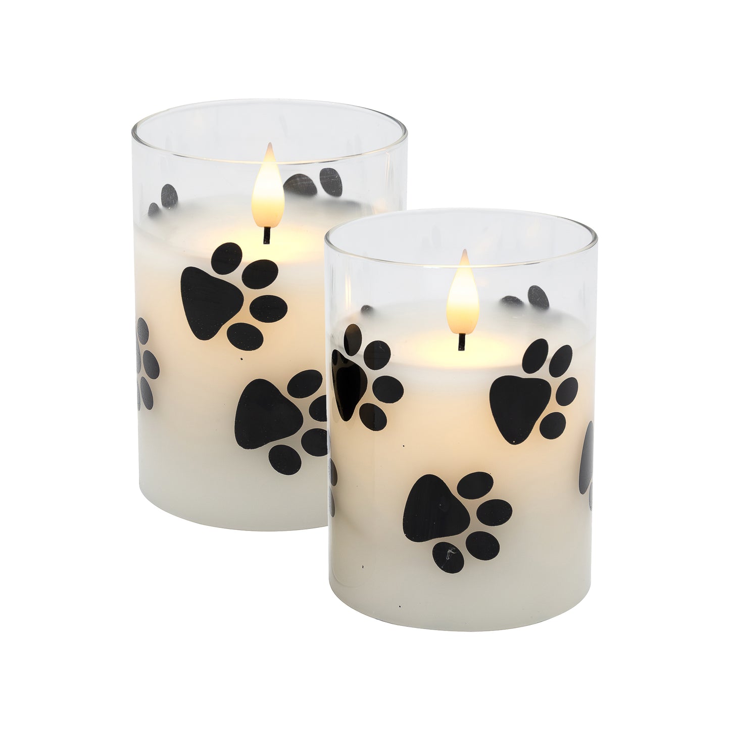 Battery Operated Glass LED Candles with Bullet Flame, Paw Print - Set of 2