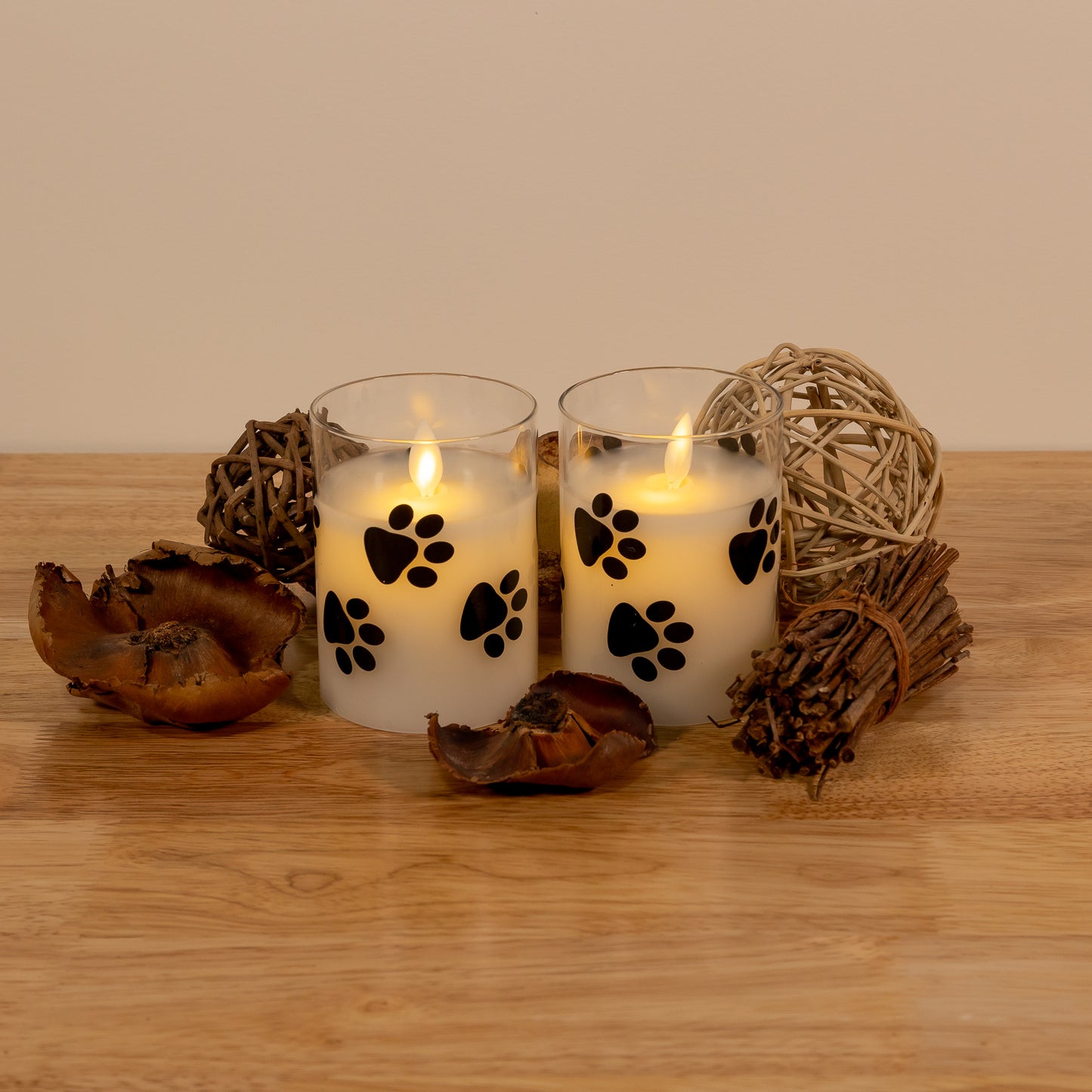 Battery Operated Glass LED Candles, Paw Print - Set of 2