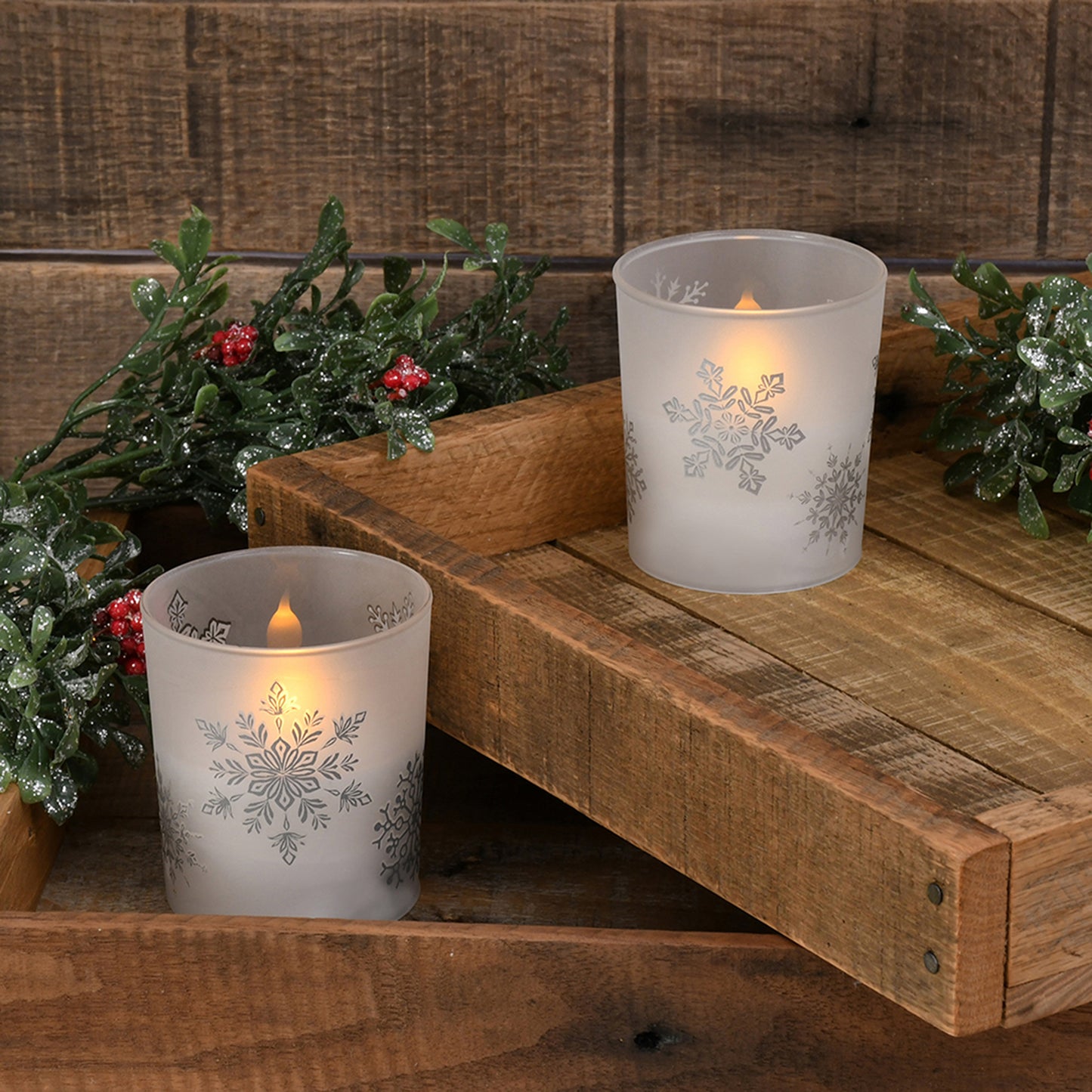 Battery Operated Glass LED Candles, Snowflake - Set of 2