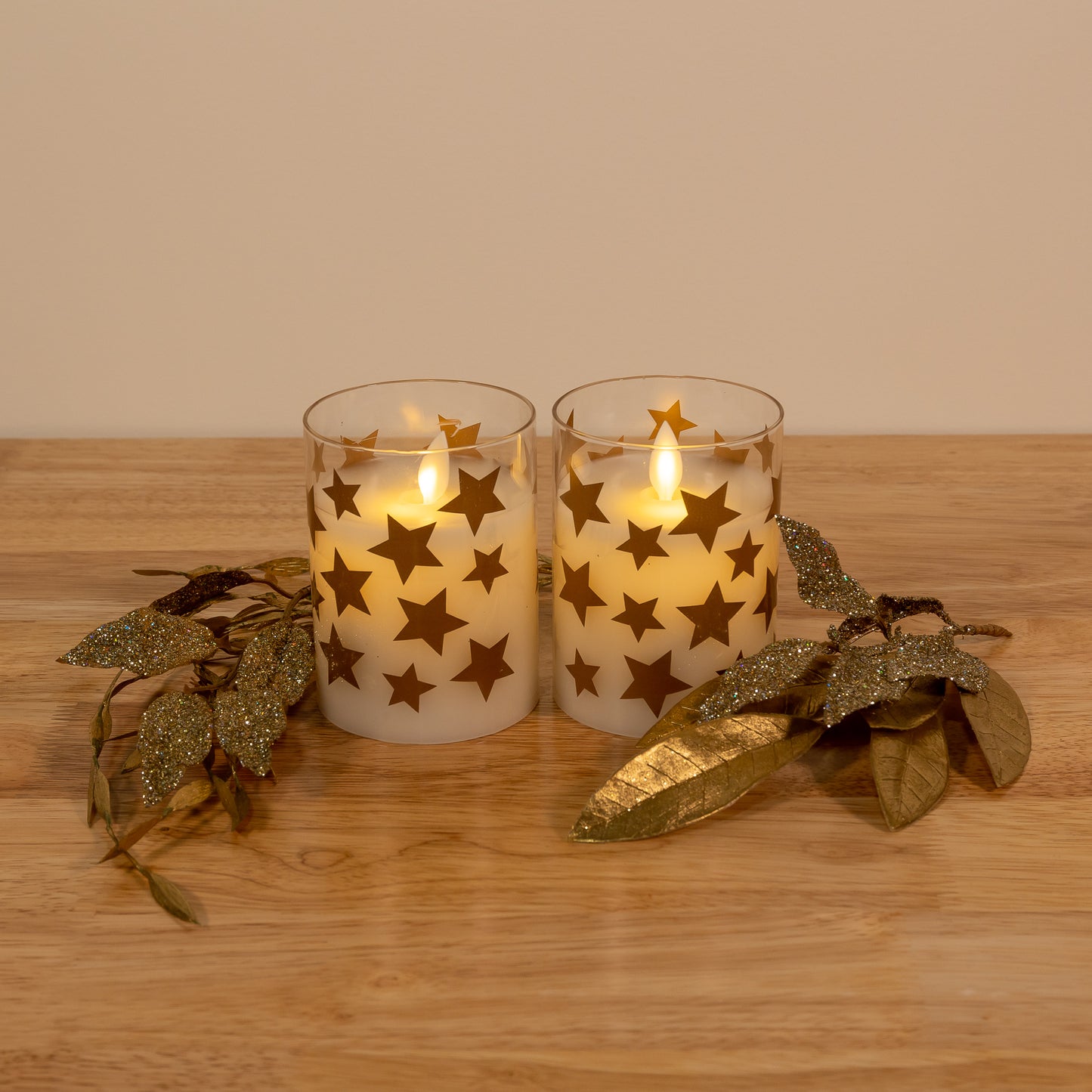 Battery Operated LED Glass Candles with Flickering Flame, Gold Star - Set of 2