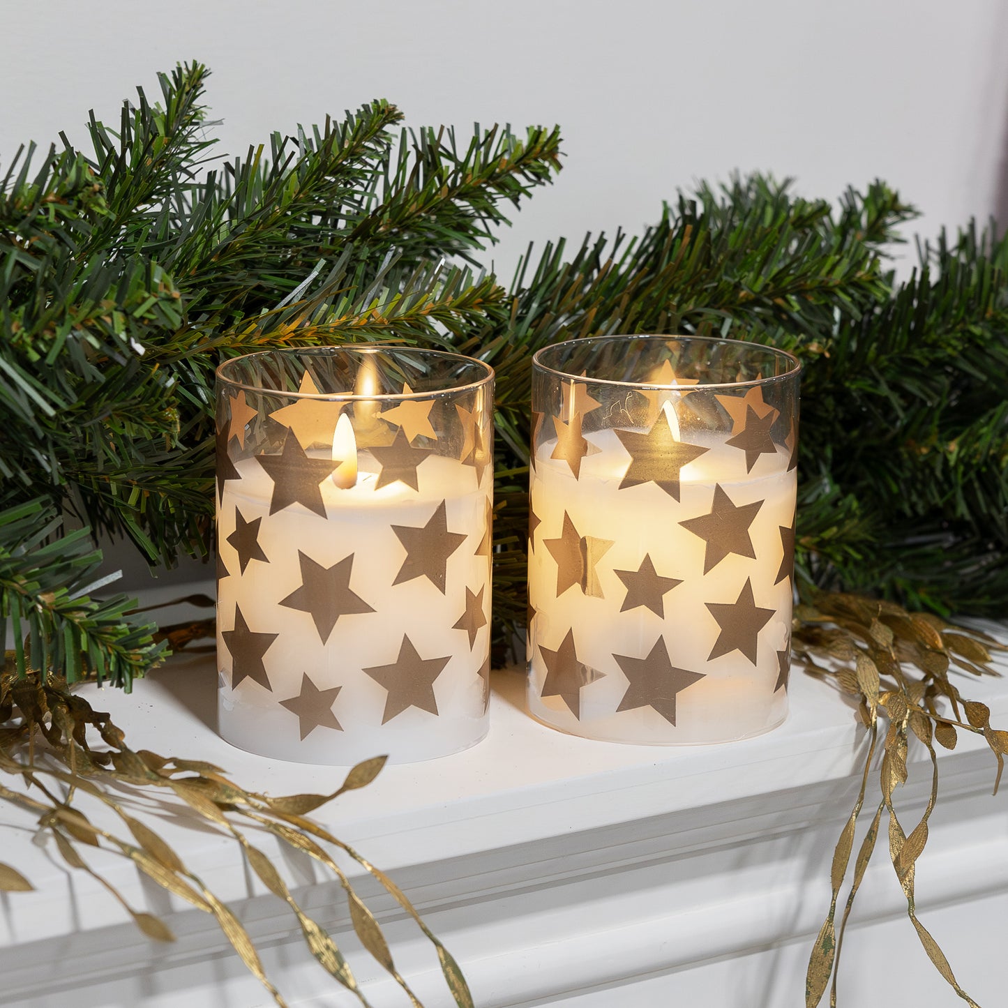 Battery Operated LED Glass Candles with Flickering Flame, Gold Star - Set of 2