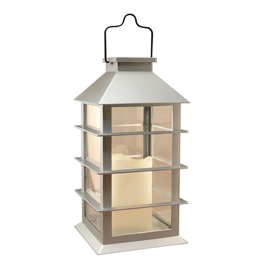 Solar Powered Lantern with LED Candle - Silver