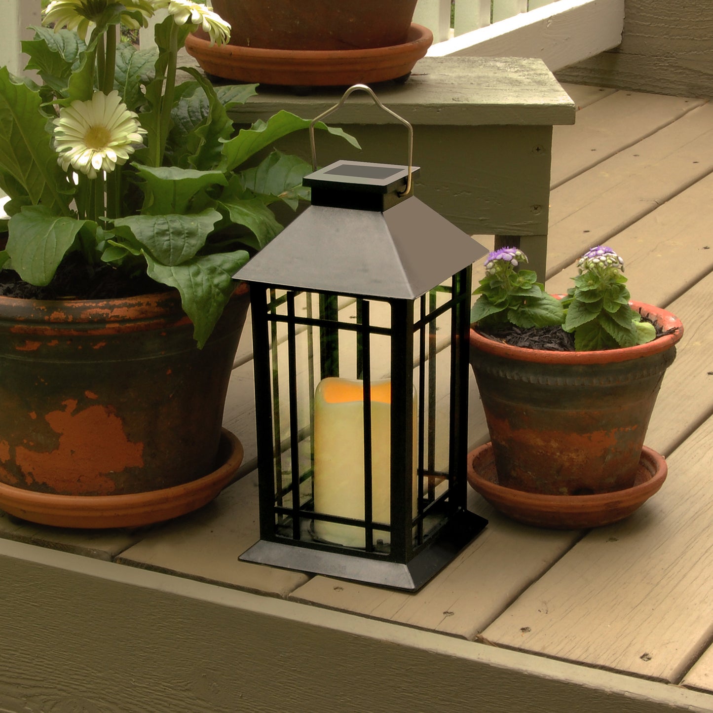 Solar Powered Lantern with LED Candle - Black Window