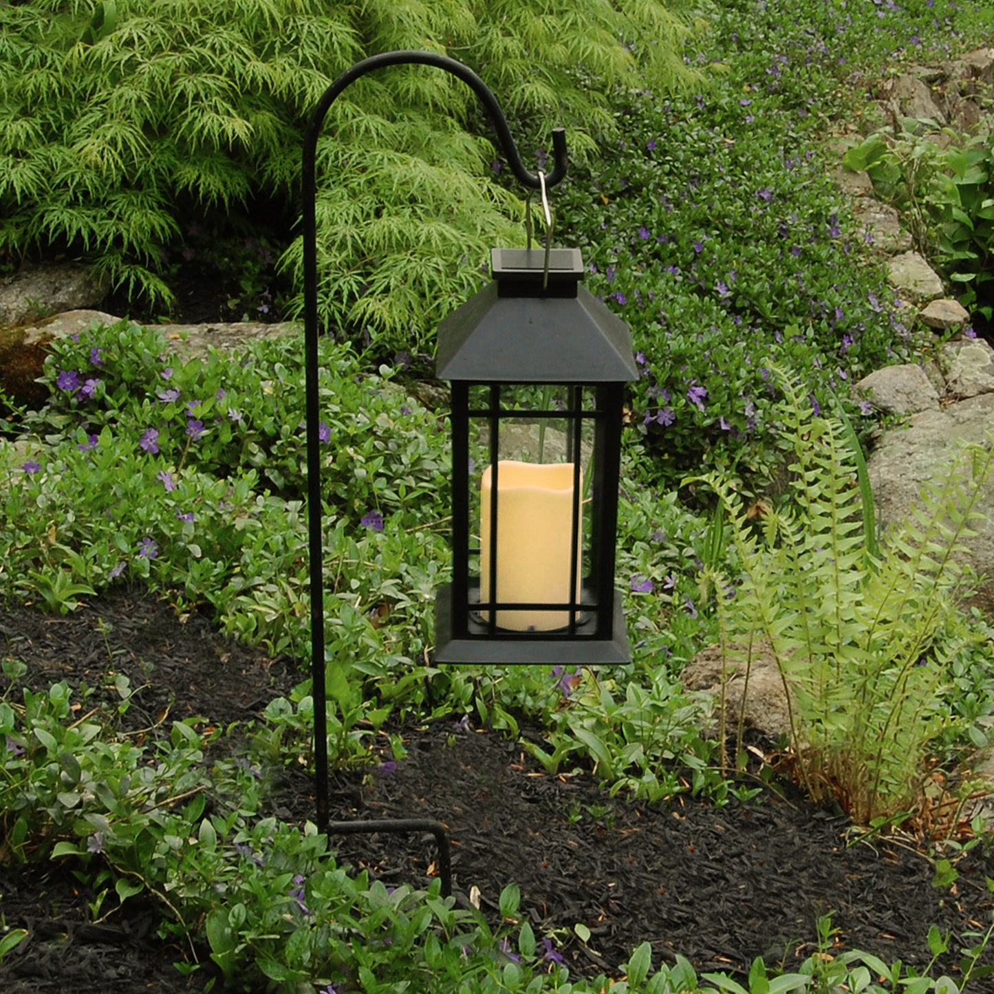 Solar Powered Lantern with LED Candle - Black Window