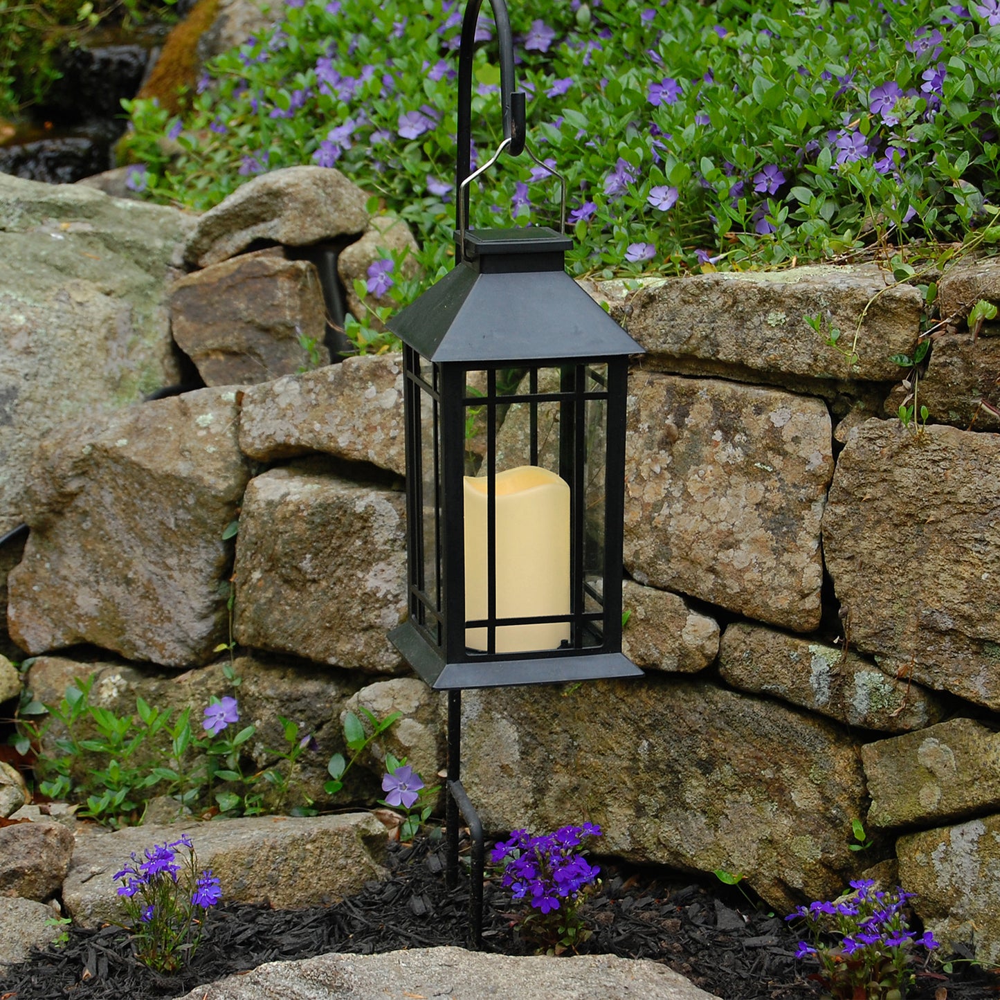 Solar Powered Lantern with LED Candle - Black Window