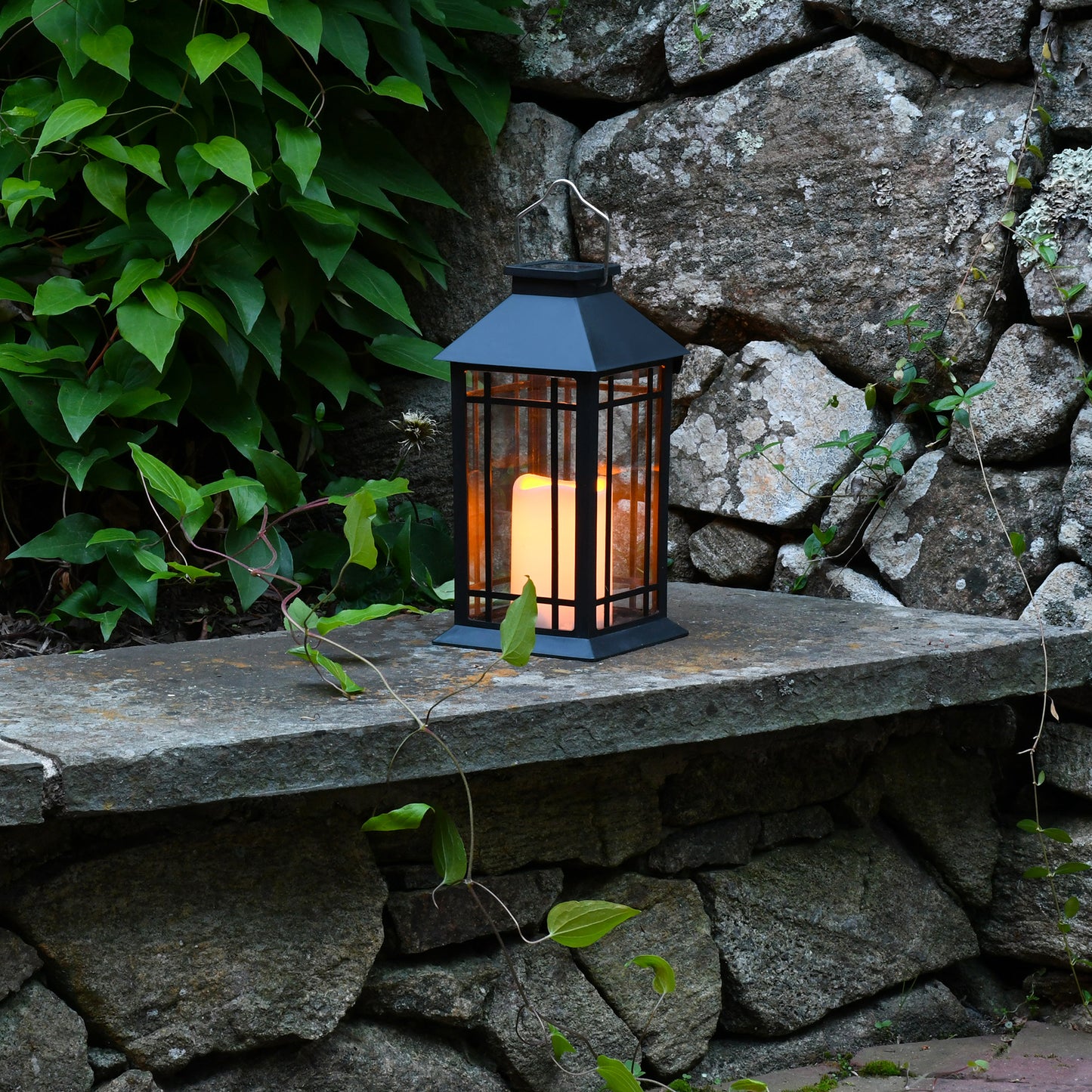 Solar Powered Lantern with LED Candle - Black Window