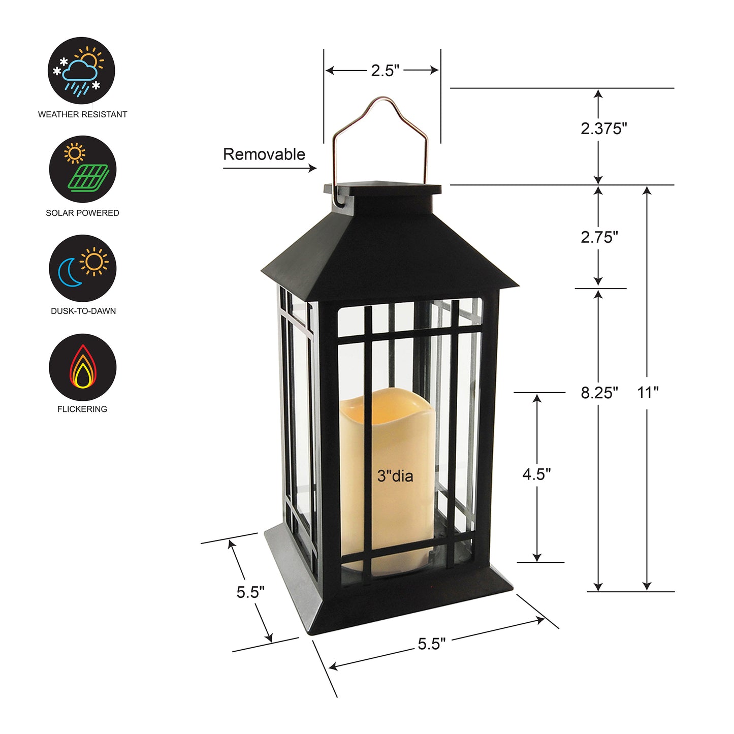 Solar Powered Lantern with LED Candle - Black Window